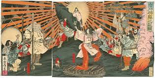 A ukiyo-e print of the gods welcoming Amaterasu as she emerges from the rock cave