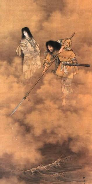 A painting of Susanoo advancing above the clouds, sword in hand, with Amaterasu at his side