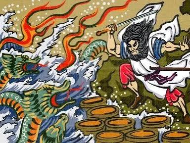 An illustration of Susanoo facing the serpent before the eight vats of sake