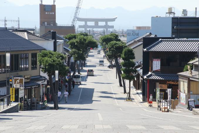Shinmon-dori, a pine-lined approach with the white great torii gate small in the distance