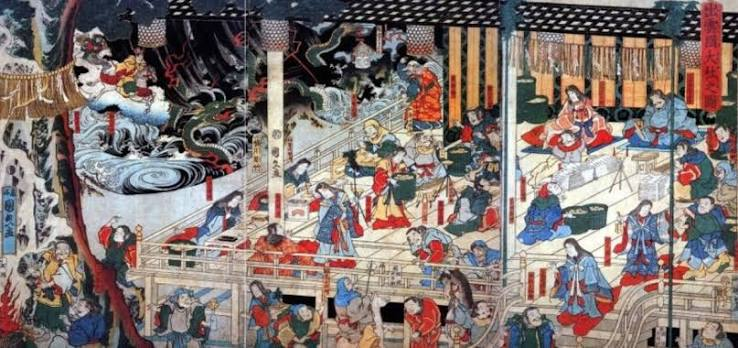 A large ukiyo-e print depicting the gods gathered in Takamagahara