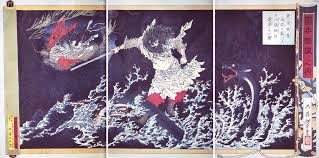 A ukiyo-e print depicting Susanoo battling the great serpent